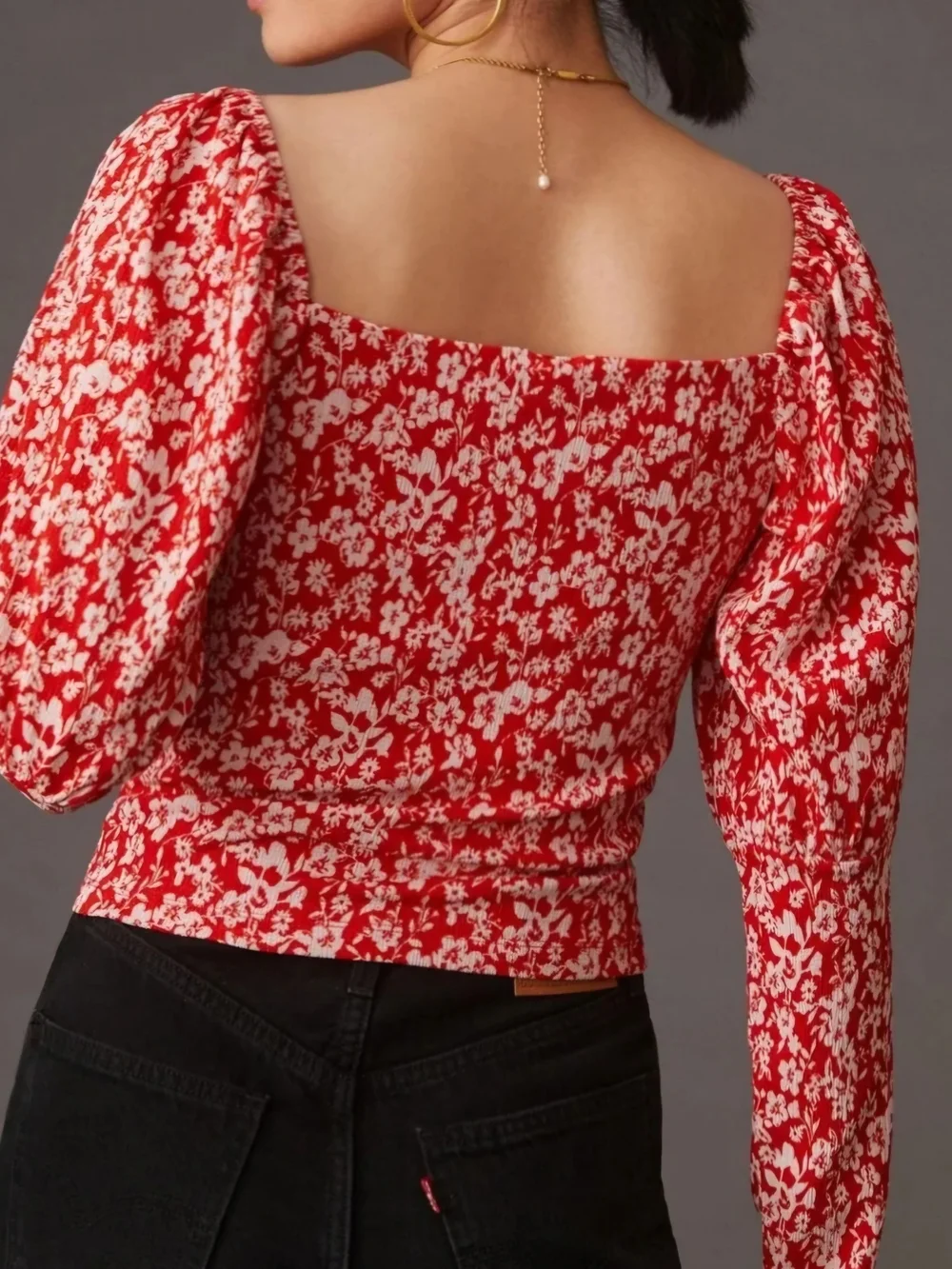 Anthropologie: Red Floral Square-Neck Puff Sleeve Top